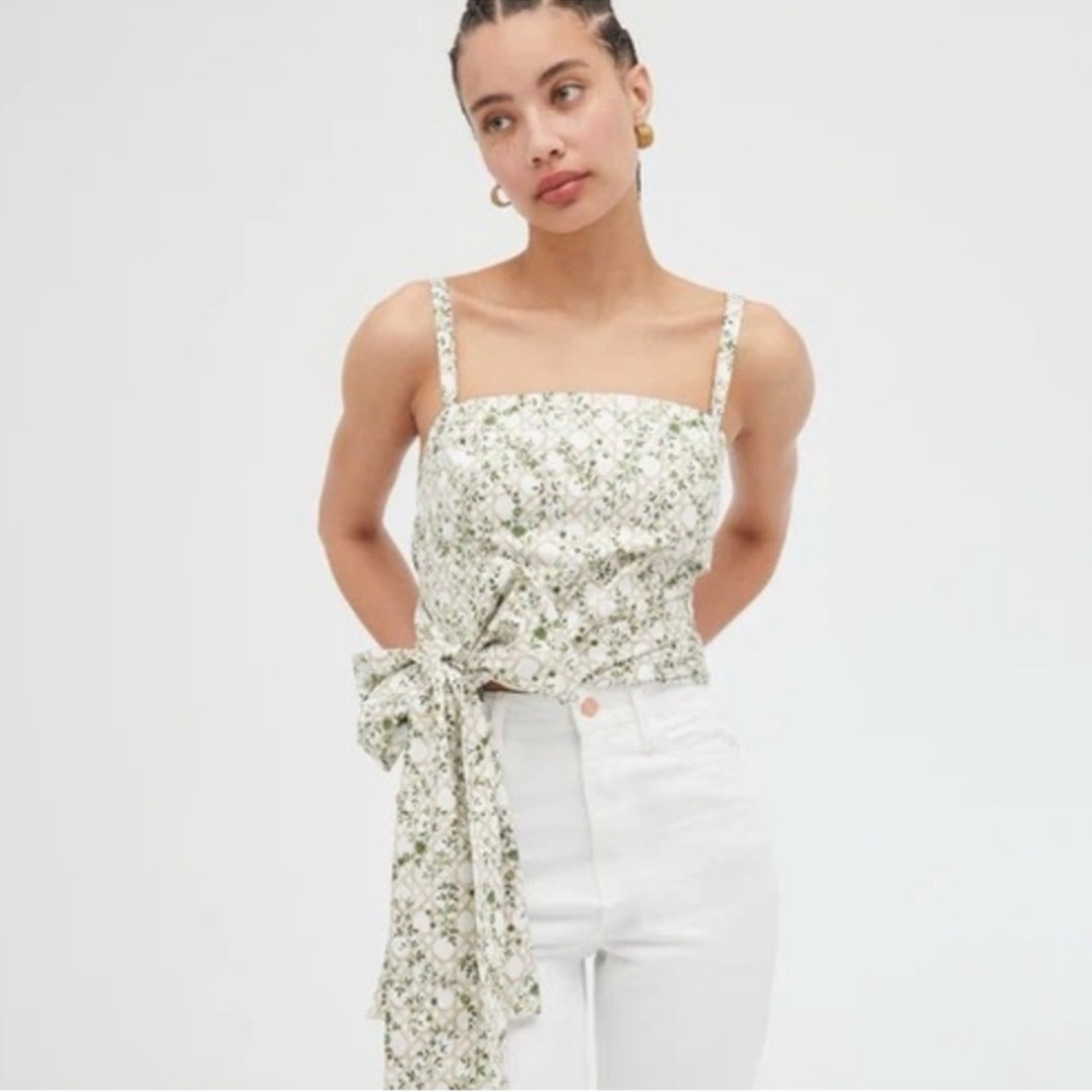 Hill House Floral Tie-Waist Tank Top in White and Green